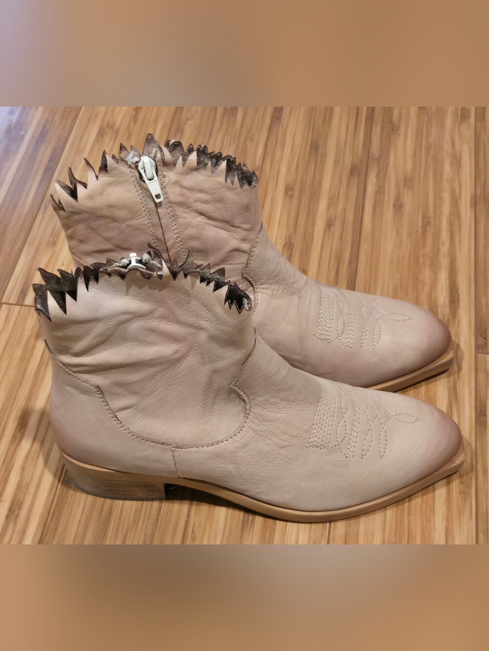 Roan Beige Leather Western Ankle Boots